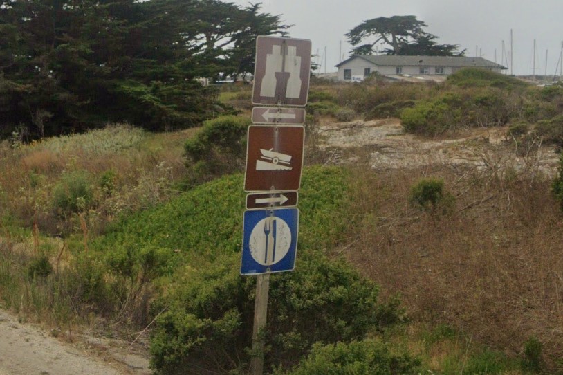 Blue and brown square signs